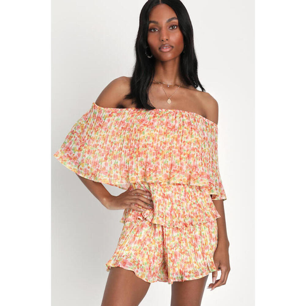 Lulus Gala Ready Peach Multi Floral Pleated Off-the-shoulder Romper Pink
